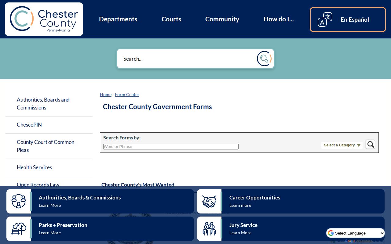Chester County wanted-tip form for official warrant information