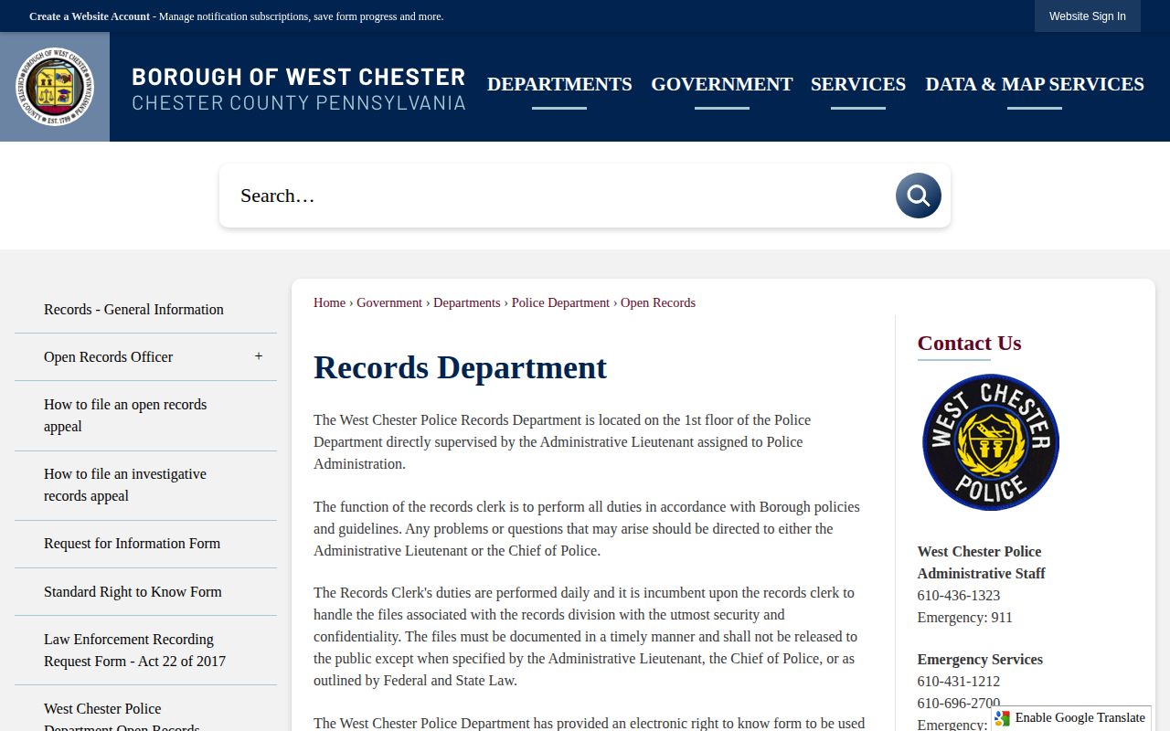 West Chester official open records route for Chester County arrest records